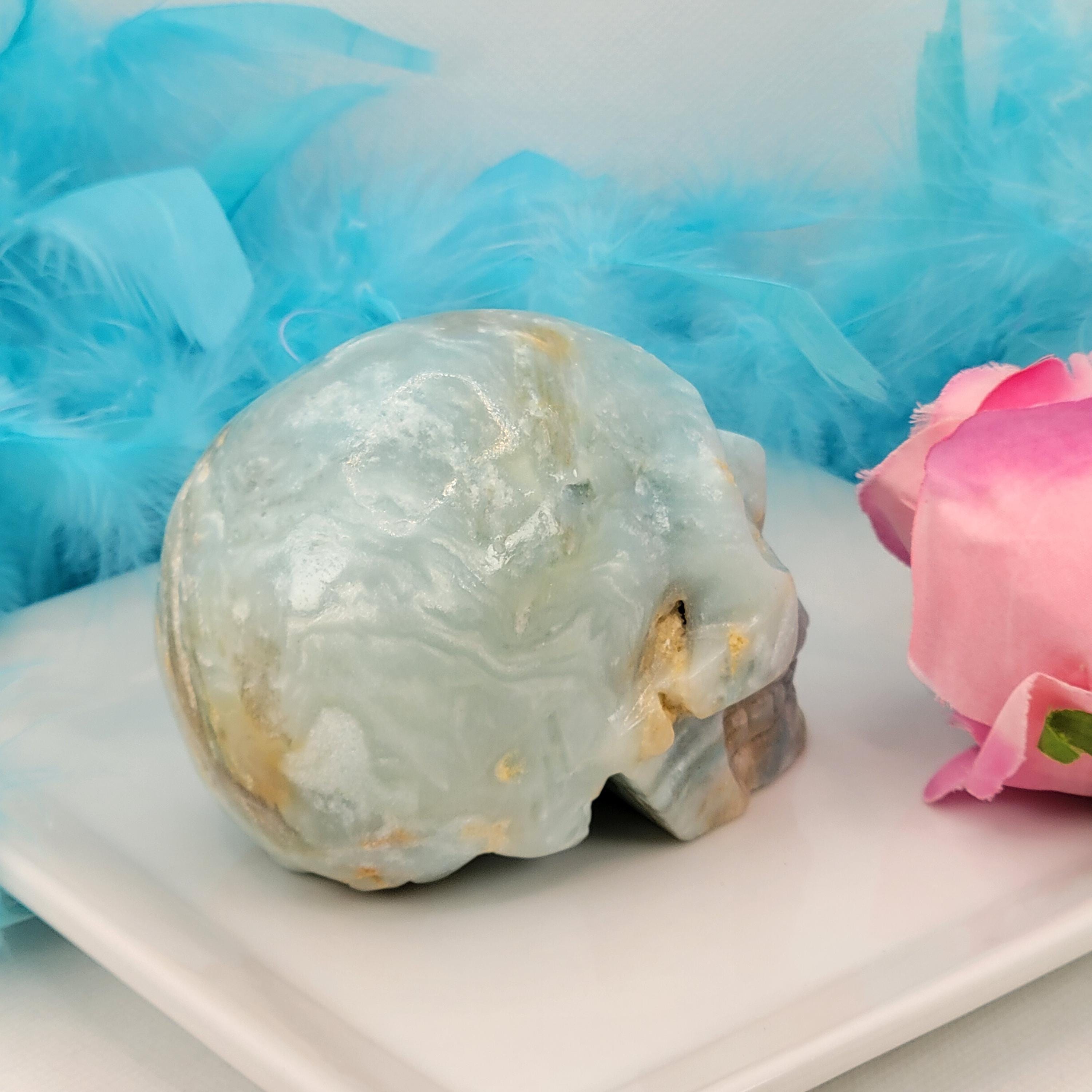 3.6インチ カリブ海方解石彫刻水晶スカル、アマゾナイト彫刻水晶スカル