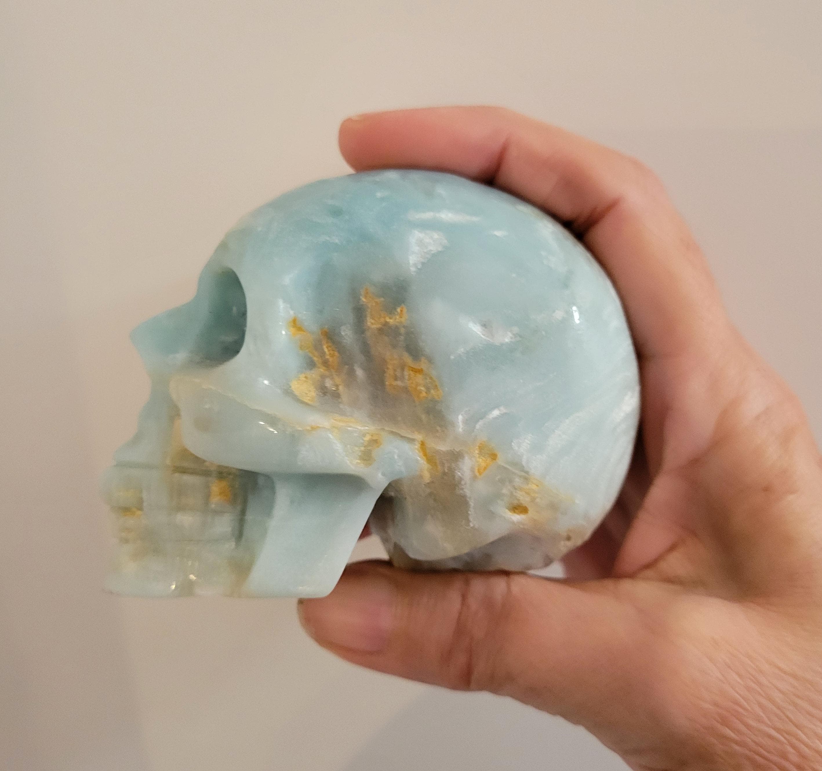 3.6インチ カリブ海方解石彫刻水晶スカル、アマゾナイト彫刻水晶スカル