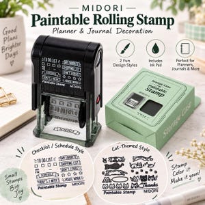 May include: A black Midori paintable rolling stamp for planner and journal decoration, featuring a rotating mechanism for various designs. The set includes a green storage case and two distinct stamp styles: a checklist schedule and a cat-themed pattern.
