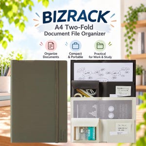 May include: A dark olive green A4 two-fold document file organiser labelled BIZRACK. The closed folder features an elastic band. The open interior displays multiple pockets containing papers, a mind map, sticky notes, and small personal items.