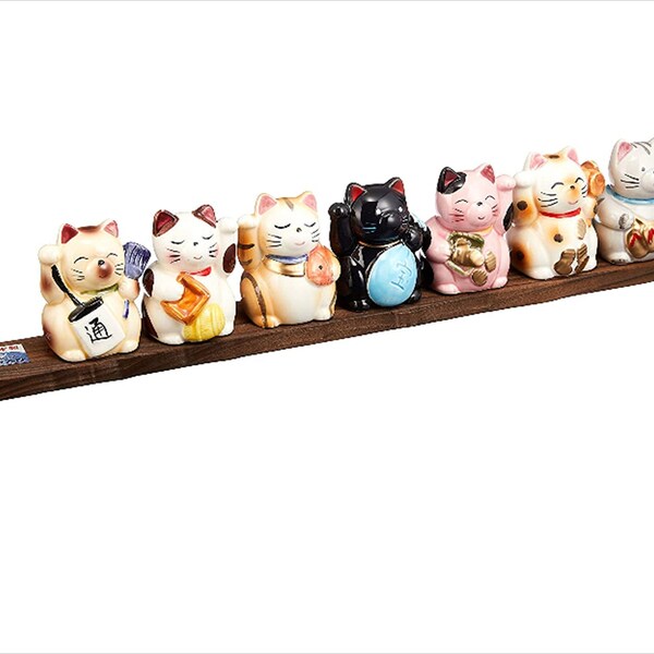 Set of 7 Mini Porcelain Maneki neko,lucky charm,japanese cat,japanese traditional,japanese gift,good luck,cat,japanese,kawaii, waving cat