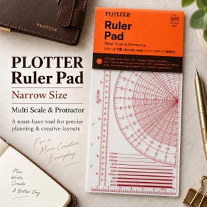May include: A clear plastic Plotter Ruler Pad in narrow size with a bright orange header. The tool features a red printed protractor, a vertical ruler with centimeter markings, and various line width guides. It includes three punched holes.