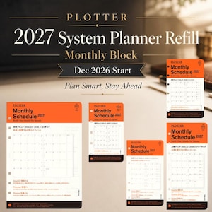 May include: A collection of PLOTTER 2027 System Planner Refill Monthly Block pages starting in December 2026. The white paper sheets feature orange headers with the text Monthly Schedule 2027, grid layouts, and pre-punched holes for binding.