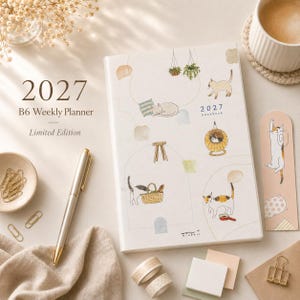 May include: A white B6 weekly planner for 2027 featuring illustrations of cats in various poses, including sleeping, walking, and sitting in a basket. The cover includes the text 2027 Datebook and Midori. A matching bookmark shows a cat stretching.