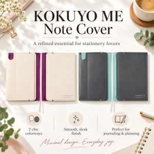 May include: Two Kokuyo Me note covers displayed open, one in cream with a purple interior and one in dark gray with a teal interior. Each cover features a rectangular front flap, a pen loop, and the text Kokuyo Me printed on the bottom right.