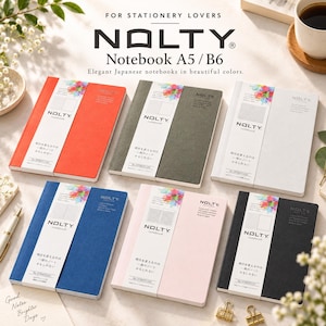 May include: Six NOLTY A5 and B6 notebooks in red, dark green, white, blue, light pink, and black. Each notebook features a white paper band with the text NOLTY, Japanese characters, and a colorful floral graphic at the top.