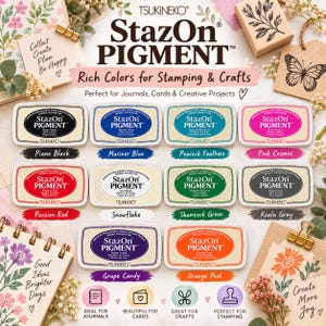 May include: Ten rectangular StazOn Pigment ink pads in various colors including Piano Black, Mariner Blue, Peacock Feathers, Pink Cosmos, Passion Red, Snowflake, Shamrock Green, Koala Gray, Grape Candy, and Orange Peel with labels.
