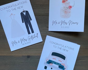 Best Day Ever! Custom wedding card with name, wedding date, wedding dress tuxedo, cake, getaway car