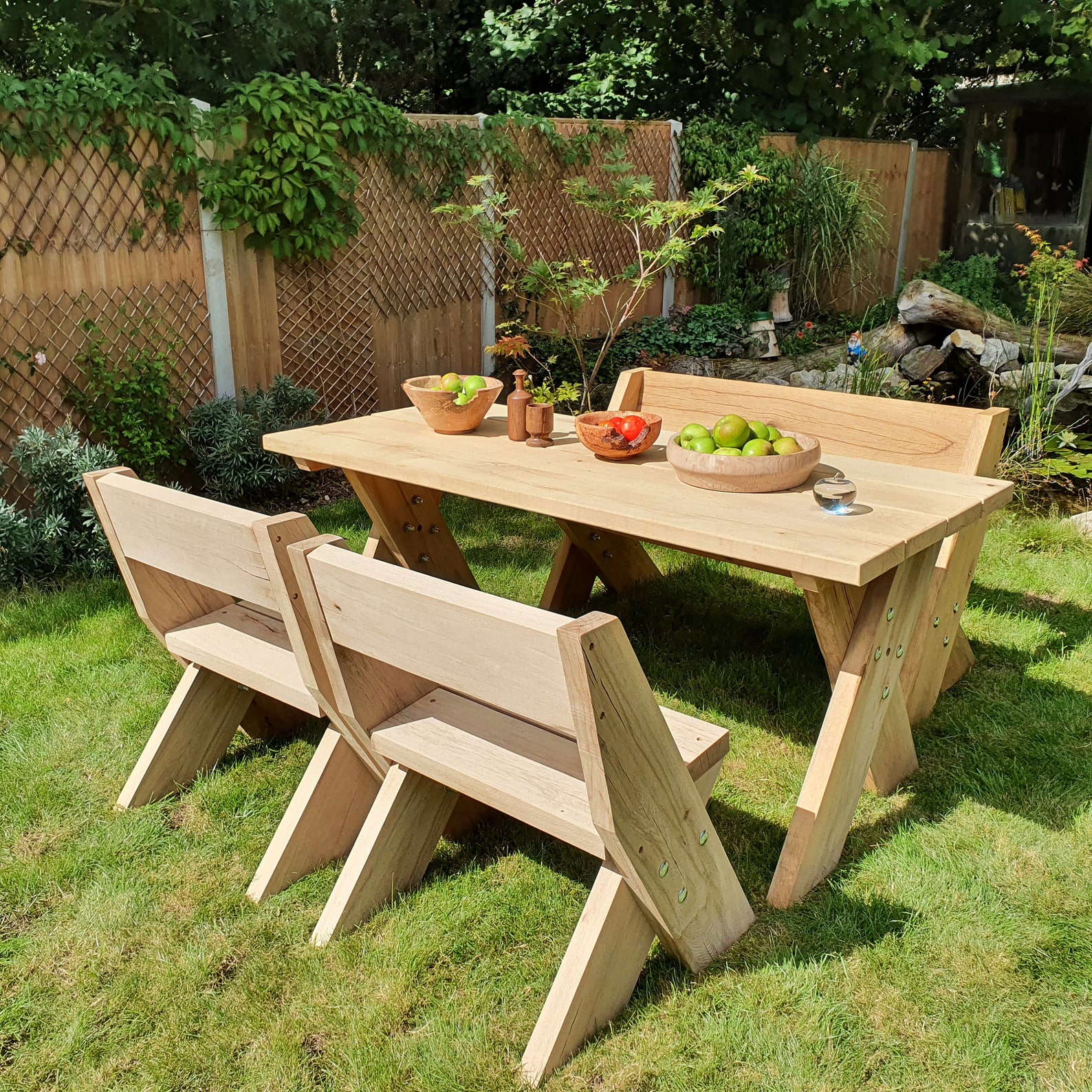 Oak Garden Furniture Rustic Outdoor Table and Benches Patio Etsy