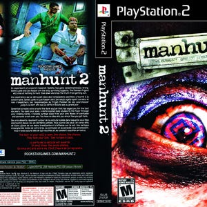 Puede incluir: La carátula del juego "Manhunt 2" para PlayStation 2 presenta un primer plano de un ojo distorsionado con un diseño en espiral. El título del juego se muestra de forma destacada, junto con el logotipo de Rockstar Games y una clasificación ESRB.