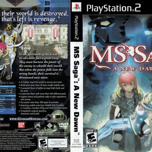 Puede incluir: Caja del juego MS Saga: A New Dawn para PlayStation 2. La portada presenta un personaje femenino con cabello rojo y un atuendo futurista, con el título del juego en una fuente estilizada. La parte posterior muestra varios personajes y detalles del juego.