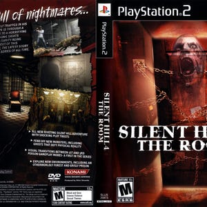 Könnte beinhalten: Silent Hill 4: The Room PlayStation 2 Spielcover. Das Cover zeigt ein dunkles, unheimliches Design mit dem Titel des Spiels und einem verstörenden Bild eines Gesichts in einer Tür, angekettet und verschlossen.