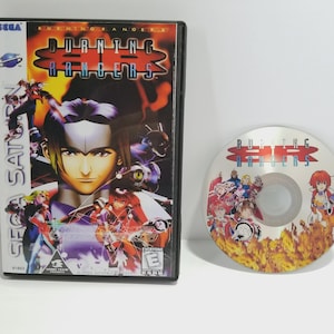 May include: A SEGA Saturn video game case and disc for "Burning Rangers." The case features a character with a determined expression, surrounded by action-oriented figures. The disc has the game title and character illustrations.