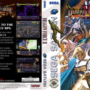 Könnte beinhalten: Dragon Force II Sega Saturn Spielbox-Artwork. Das Cover zeigt eine Gruppe von Kriegern mit Schwertern und Schilden. Der Titel des Spiels befindet sich oben, mit dem Sega Saturn-Logo an der Seite. Die Rückseite der Box beschreibt die Handlung des Spiels.