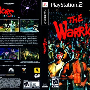May include: The Warriors video game cover art for PlayStation 2 features a large red title logo above a crowd of gang members. The back cover includes six small gameplay screenshots, a plot summary, technical specifications, and a barcode.