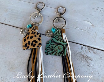 Leather Cow Tag Key Chain,  Western Key Chain, Boho Key Chain, Cow Tag, Cheetah Print