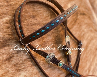 Bretelle souple fabriquée aux États-Unis, turquoise et beurre de chocolat, boucles faites main, point boucle, cuir de qualité supérieure, rodéo, équitation western