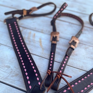 USA Made, Butter Soft Chocolate & Pink Tack Set, Antique Copper Buckles, Handmade, Top Quality Leather