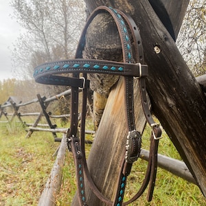 Chocolate & Turquoise Buckstitch Headstall, USA Made, Working Headstall, Western Headstall, Butter Soft Tack