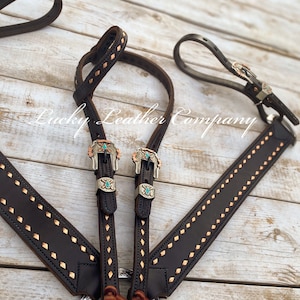 USA Made, Copper & Chocolate Tack Set with Handmade Arrowhead Buckles, Buckstitch Headstall, Working Headstall, Butter Soft Leather
