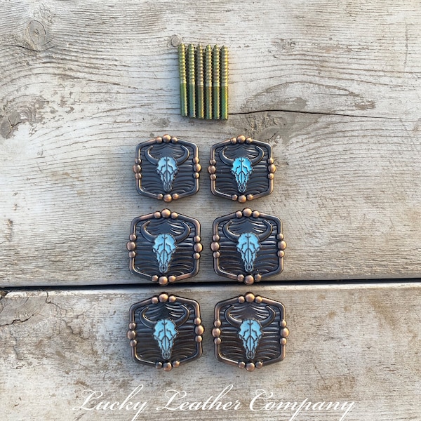Turquoise Bull Skull Saddle Set, Replacement Saddle Conchos, Thunderbird Conchos, Western Saddle Set