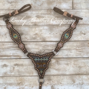 Navajo & Copper Breast Collar, USA Made, Horse Tack, Leather Breast Collar, Chocolate Tack, Copper Buckstitch Tack, Handmade