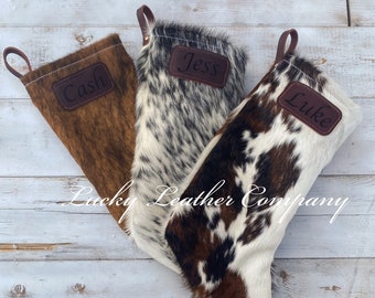 USA Made, Double Sided, 100% Genuine Cowhide Christmas Stocking, Holiday Stockings, Cowhide Stocking, Leather Stocking, Handmade