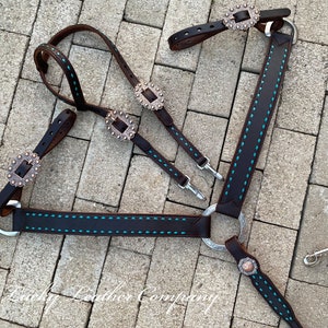 USA Made, Chocolate & Turquoise Buckstitch Tack Set, Butter Soft Leather, Working, Western Headstall, Buckstitch