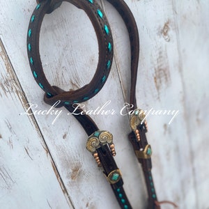 USA Made, Butter Soft Chocolate & Aqua Headstall, Buckstitch Headstall, Handmade Buckles, Western Tack
