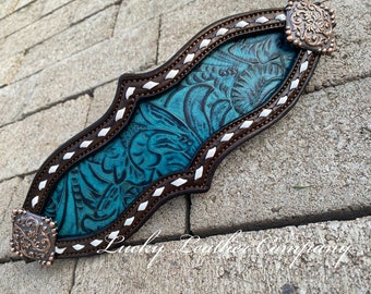 Turquoise Floral Noseband, USA Made, Leather Bronc Noseband, Horse Tack, Handmade, Buckstitch, Herman Oak Leather