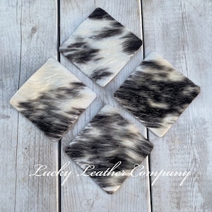 Western Cowhide Square Coasters, Salt & Pepper, Genuine Cowhide, Western Home Decor, Leather Coasters, Hair on Hide