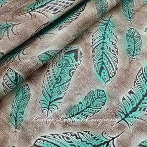 Genuine Tan & Turquoise Feather Embossed Leather Sheet, Crafting Leather, Tack Making Leather, Embossed Leather Sheets