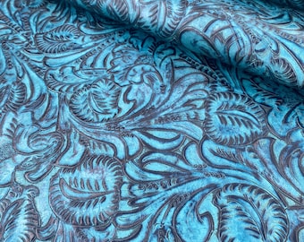 Cuero con estampado paisley en relieve, láminas de cuero, cuero genuino en relieve, cuero para la fabricación de artículos de cuero, artesanía en cuero, cuero turquesa en relieve
