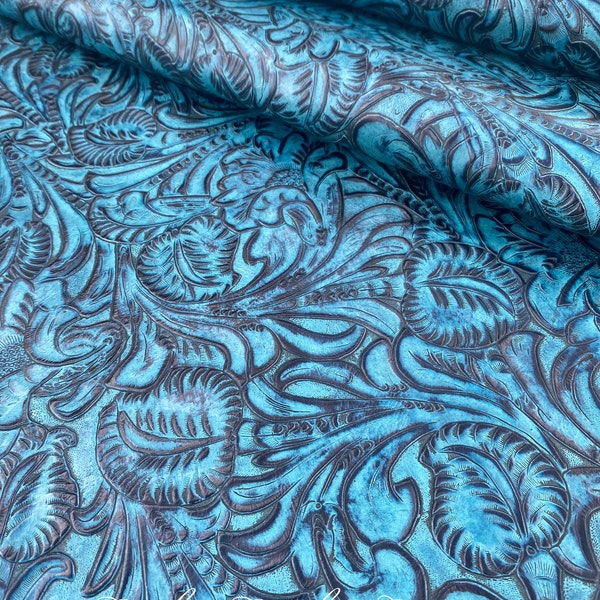 Embossed Paisley Leather,  Leather Sheets, Genuine Embossed Leather, Tack Making Leather, Leather Crafting, Turquoise  Embossed Leather