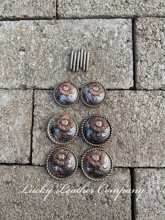 Roped Edge Flower Saddle Set, Western Saddle Conchos, Western Conchos, Replacement Saddle Conchos, Saddle Set