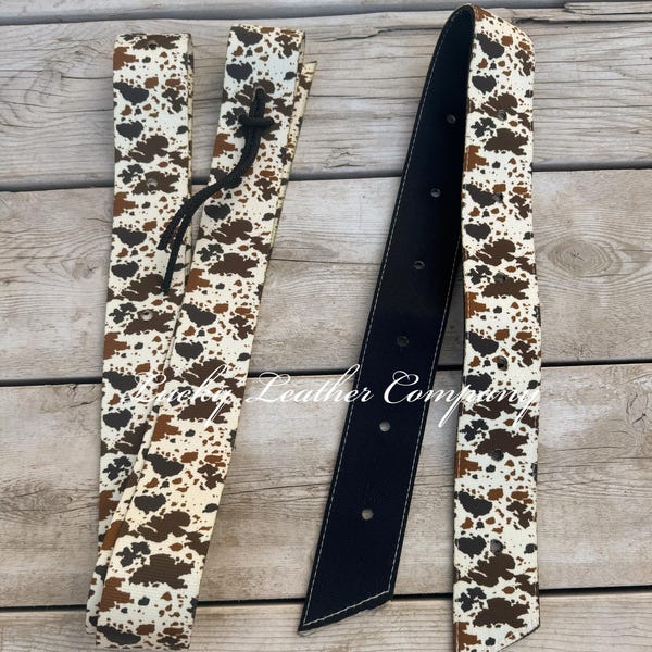 USA Made Brown & White Cow Print Off Billet Set, Western Tack, Saddle Latigo, Saddle Billet, Patterned Off Billet
