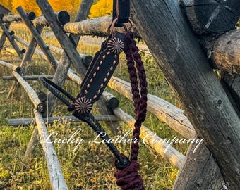 Maroon & Copper Hybrid Halter, Mule Tape Horse Halter, Leather Halter, Buckstitch, USA Made, Handmade