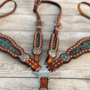 USA Made, Turquoise & Cream Buckstitch Tack Set, Horse Tack, Turquoise Leather Tack, Handmade, Herman Oak Leather