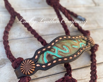 Licol à bande mule de marque marron et cuivre, licou pour cheval, fabriqué aux États-Unis, Western Tack, licol Bronc en cuir fait à la main