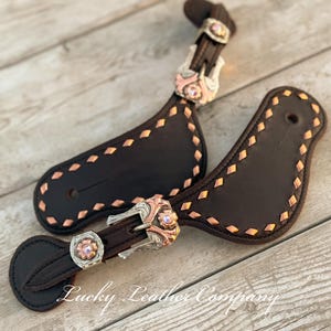 Copper & Chocolate Spur Straps, USA Made, Buckstitch Leather Boot Straps, Handmade AB Crystal Buckles, Handmade Spur Straps