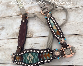 PNW Wool Bronc Halter, 3 Piece Halter, Buckstitch Bronc Halter, Horse Tack, USA Made, Handmade, Herman Oak Chocolate Leather