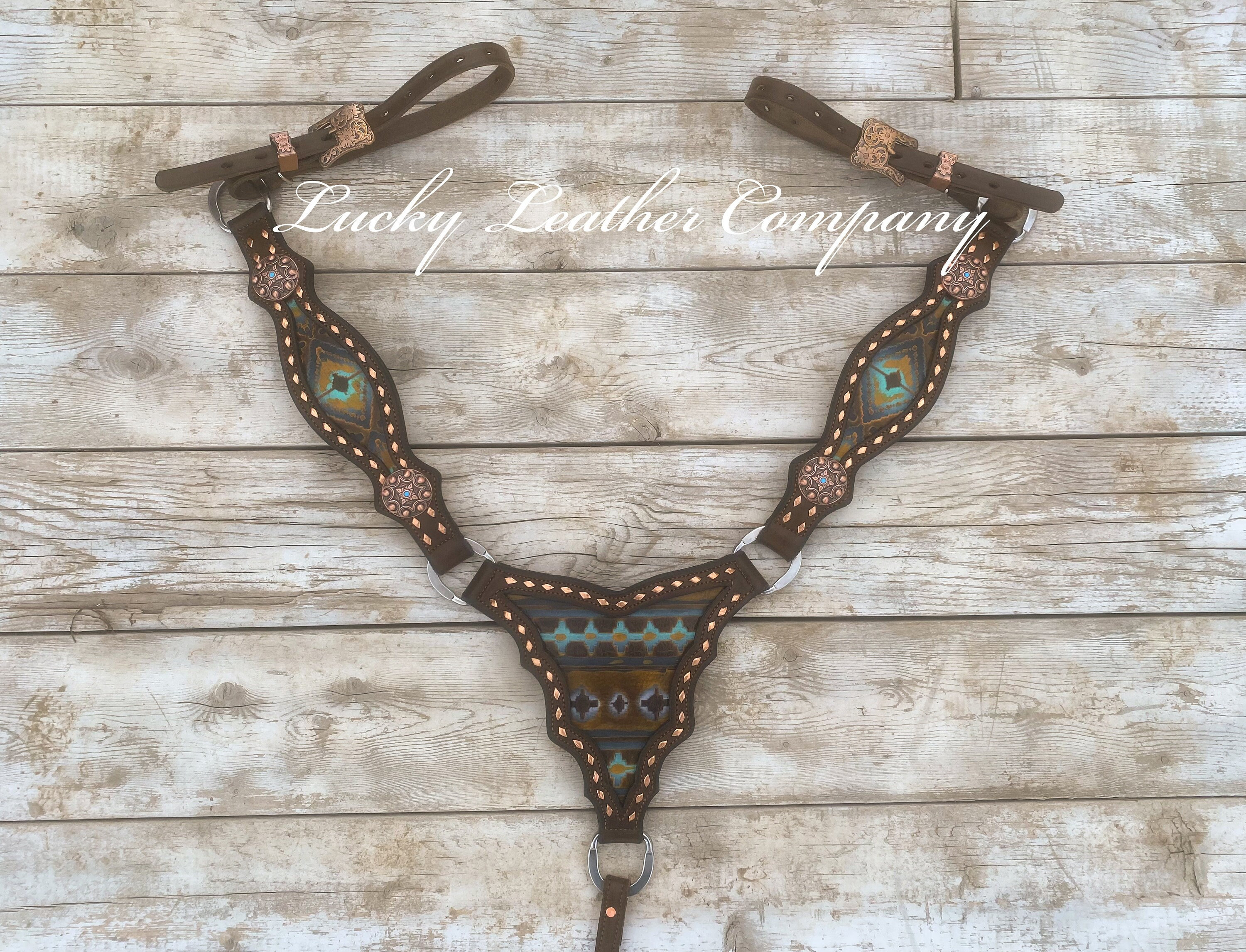 Navajo & Copper Breast Collar, USA Made, Horse Tack, Leather Breast Collar, Chocolate Tack, Copper Buckstitch Tack, Handmade