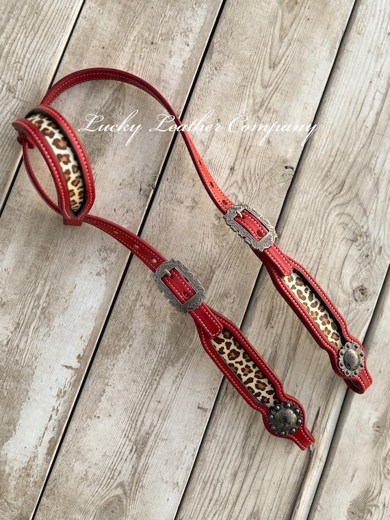 Red & Cheetah Headstall, USA Made, Hand Dyed Herman Oak Leather, Handmade, Red Leather Tack, Horse Headstall