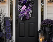 Purple Black Halloween Wreath, Halloween Candy Wreath, Whimsical Front Door Decor