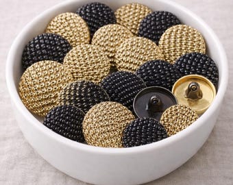 Vintage Woven Metal Buttons, Round Shank – Black & Gold, Set of 10