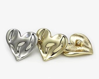 Heart Shaped Metal Shank Buttons, Silver & Gold (10 Pcs)