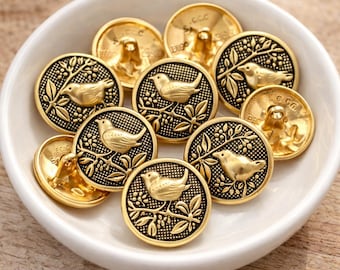 Vintage Gold Bird Metal Shank Buttons, Sewing Embellishments (10pcs)