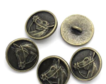 Bronze Horse Head Buttons, Carved Metal Shank, 15mm (20 Pcs)