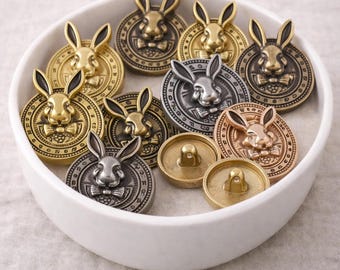 Rabbit Metal Shank Buttons, Silver Bronze Gold, Alice in Wonderland Theme - 10 Pcs