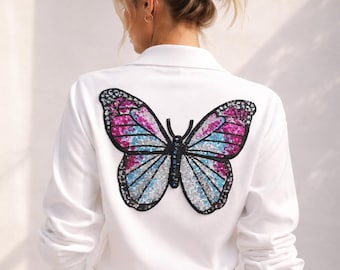 Large Sequin Butterfly Patch, Embroidered Iron-On Appliqué